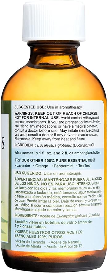 De La Cruz Eucalyptus Essential Oil Aromatherapy for Diffuser or Humidifier, 100% Pure Steam Distilled Eucalyptus Globulus 4 FL OZ