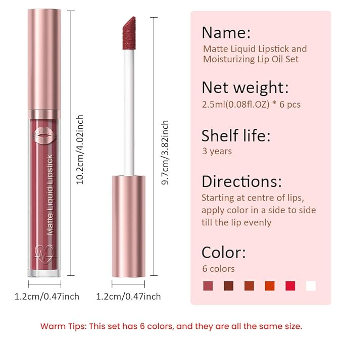 5Pcs Matte Liquid Lipstick + Lip Oil Set – Long Lasting Waterproof Velvet Lip Stains, Non-Stick Cup Matte Lip Gloss Makeup Kit with Hydrating Lip Oil for Soft, Smooth Lips Set:U-03#