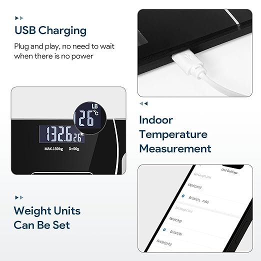 Digital Simple and Practical Body Fat Scale with Smartphone App, Bathroom Scale with Led Display (Black)