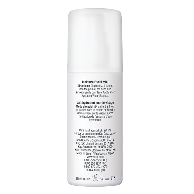 Curel Japanese Skin Care Moisture Facial Milk Moisturizer, Daily Face Lotion for Dry Sensitive Skin, pH Balanced, Unscented Advanced Ceramide Care Face Cream without Drying Alcohols, 4 Oz