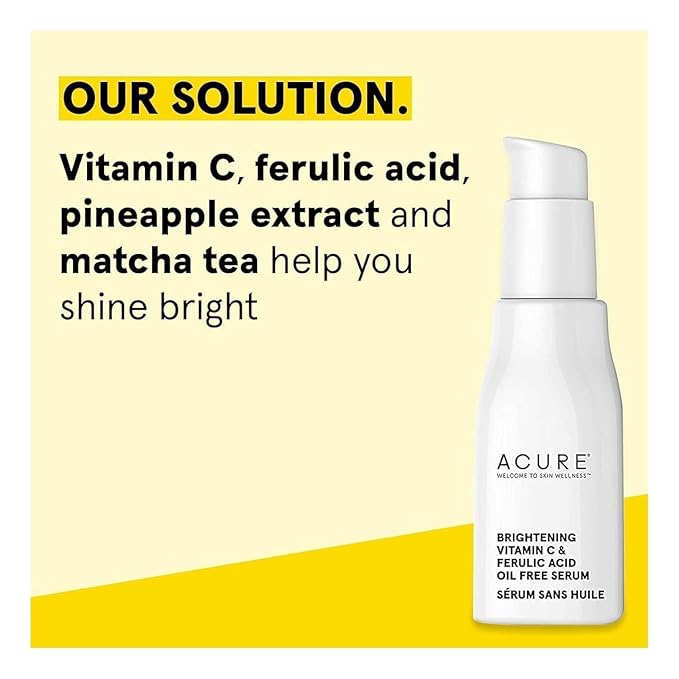 ACURE Face Brightening Vitamin C & Ferulic Acid Serum - Day & Night Oil Free Glowing Facial Serum - Vitamin C, Ferulic Acid & Pineapple Extract For Natural Brighter Look - for All Skin Types 1 fl oz
