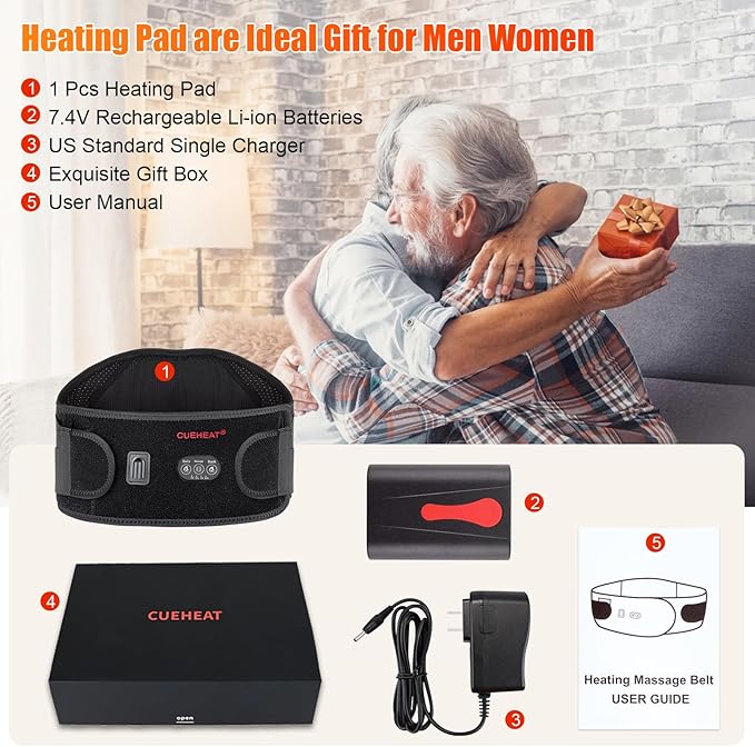 CUEHEAT Heated Waist Belt, Cordless Heating Pad for Low Back, Electrical Heating and Massage, Rechargeable Battery Powered (Black Upgraded,45 inches)