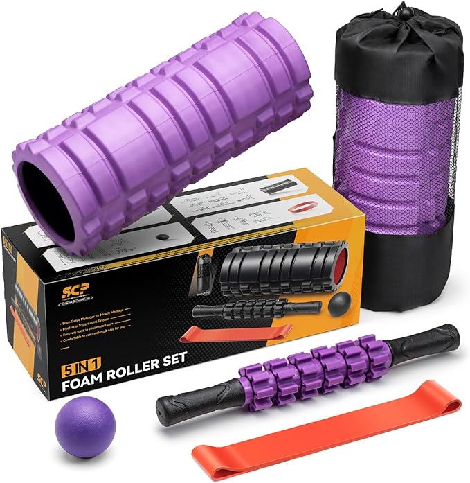 5 in1 Foam Roller Set, Trigger Point Foam Roller, Massage Roller Stick, Massage Ball, Resistance Band for Deep Muscle Massage Pilates Yoga,Fitness Exercise for Whole Body (Purple)
