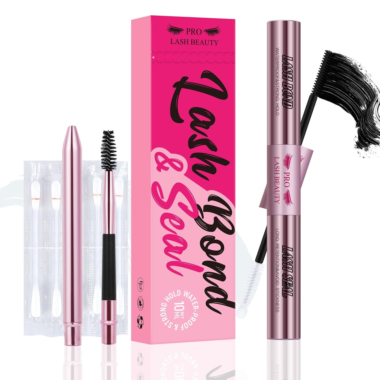Lash Bond and Seal Waterproof Bond and Seal Cluster Lash Glue & Seal for Lash Clusters Aftercare Sealant Super Strong Hold 72 Hours(5ml+5ml, Black Bond & Clear Seal)
