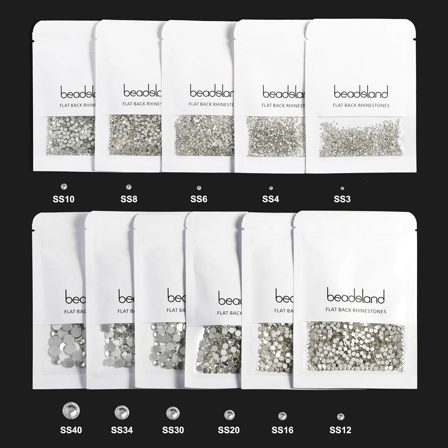 beadsland Flat Back Crystal Rhinestones Round Gems for Nail Art and Craft Glue Fix, Silver Hematite (2.9-3.0mm) SS12/1440pcs