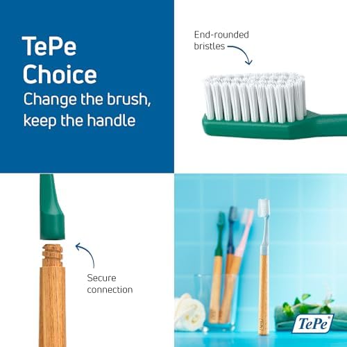 TePe Choice Soft Dental Toothbrush for Teeth Cleaning With 3 Replaceable Heads, Green