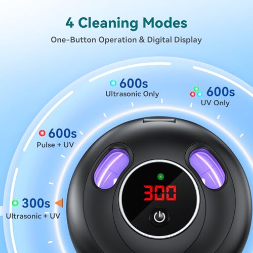 Dental Ultrasonic Retainer Cleaner Machine: 45kHz Dental Cleaning Pod for Denture, Mouth Guard, Night Guard, Aligner, Braces, Toothbrush Head & Jewelry, UV Cleaner with Digital Timer & 4 Modes, Black