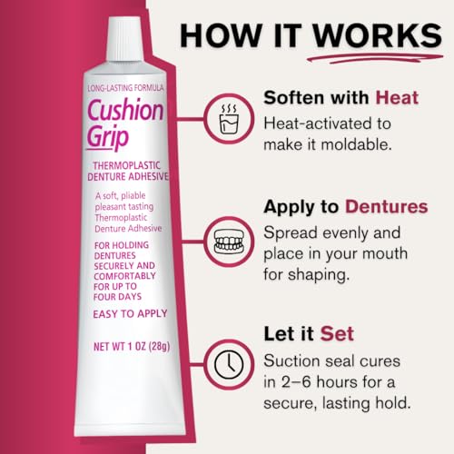 Cushion Grip Thermoplastic Denture Adhesive, 1 oz - Refits and Tightens Loose Upper and Lower Dentures and Partials | Non-Glue Adhesive, Acts Like a Soft Reliner