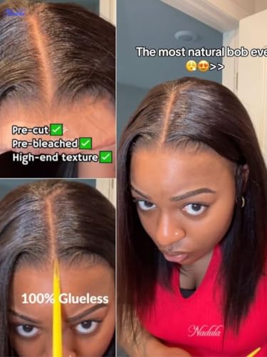 Nadula Yaki Straight Bob Drawstring Wig Human Hair Glueless Pre Cut 7x5 HD Bye Bye Knots Lace Front Wigs Human Hair Pre Plucked Invisible Knots Ready to Go Short Yaki Bob Wigs 150% Density 12inch