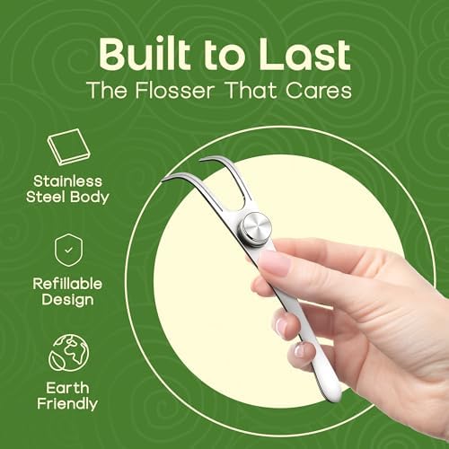 Dental Floss Holder, Refillable & Reusable Floss Pick - Dental Floss Handle - Stainless Steel Dental Floss Holder. Durable Reusable Flosser - One Pack