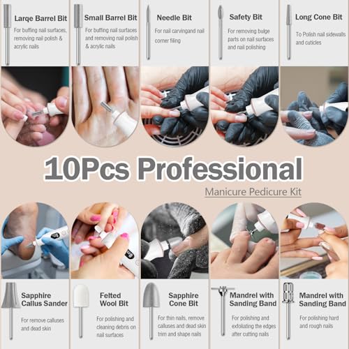 Cordless Electric Nail File Set, 10 Speeds Professional Manicure Pedicure Kit with LED Light, Portable Nail Drill for Natural & Acrylic Nails, Human & Pet Thick Toenails, w 120*Sanding Bands (Black)