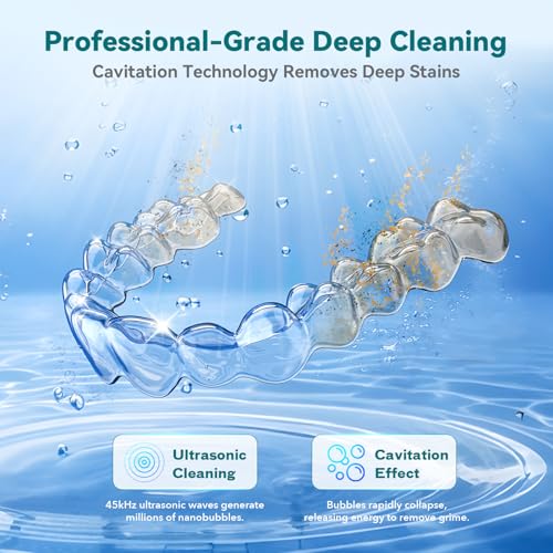 Dental Ultrasonic Retainer Cleaner Machine: 45kHz Dental Cleaning Pod for Denture, Mouth Guard, Night Guard, Aligner, Braces, Toothbrush Head & Jewelry, UV Cleaner with Digital Timer & 4 Modes, Black