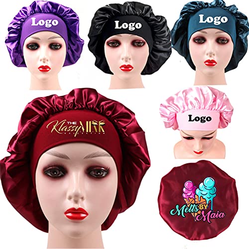 Customize Satin Bonnet Silk Hair Bonnet for Sleeping Black Women, 10 PCS Custom Private Logo Hair Wrap Cap (Logo on top, Coffee)