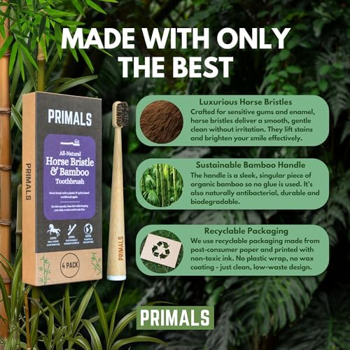 PRIMALS Horse Bristle & Bamboo Toothbrush (4-Pack) - Luxurious & Soft Horse Bristles - Fully Biodegradable - Plastic & Nylon Free - Quick Dry Design