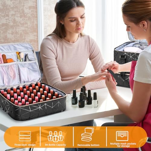 Nail Polish Organizer Case Holds 84 Bottles(15ml/0.5 Liquid Ounces) & Nail Lamp,3 Layers PU Leather Nail Supplies Storage Organizer Bag,Large Shoulder Strap Nail Polish Holder Travel Carrying Case.