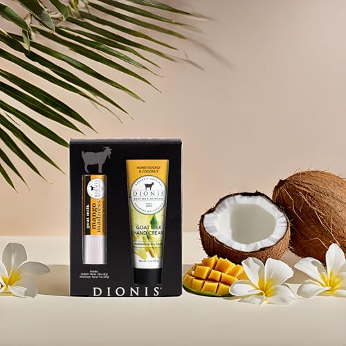 Dionis Goat Milk Skincare Hand Cream & Lip Balm Set - Safe For Sensitive Skin, Moisturize, Hydrate, Dry Chapped Lips and Skin, Cruelty Free, Honeysuckle & Coconut and Mango Madness, 1 oz and .28 oz