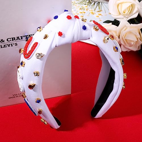 MOLOCH USA Headband 4th of July Red White Blue USA Stripe Knotted Headband for Women Rhinestone Crystal Patriotic Hairband Party Hair Accessory