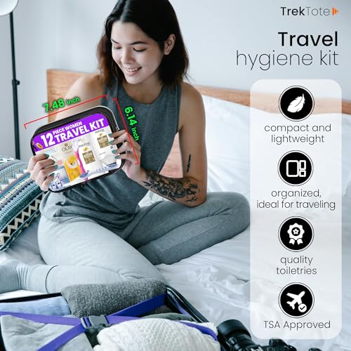 Trektote Travel Toiletry Kit For Women – (50 Pack) 12 Piece Set Of Travel Size Toiletries, TSA Compliant, Travel Essentials, Includes Shampoo And Conditioner, Body Wash, Toiletry Bag & More