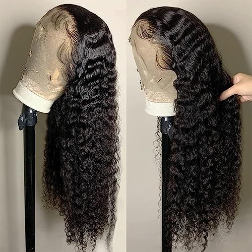13x6 Deep Wave Lace Front Wigs Human Hair 200 Density HD Transparent Deep Curly Lace Front Wig Human Hair Lace Frontal Wigs for Women Pre Plucked Natural Black (Black, 26 inch)