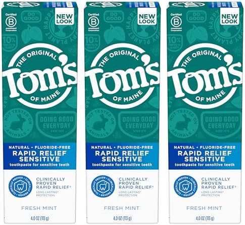 Tom's of Maine Fluoride-Free Rapid Relief Sensitive Toothpaste, Fresh Mint, 4 oz. 3-Pack (Packaging May Vary)