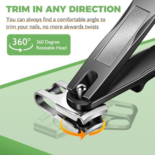 Toenail Clippers for Seniors Thick Toenails, Angled Head Large Toe Nail Clippers for Thick Nails for Men, 360° Rotating Nail Clippers with Long Hande, Heavy Duty Fingernail Clippers with Wide Opening