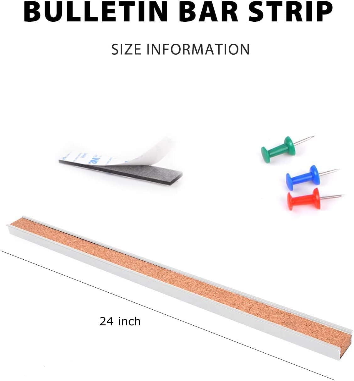 Corksidol Bulletin Bar Strip, Cork Board, Cork Strip, 24" x 1", Classroom, Office, Walls, Cubicle, Aluminum Frame, 1 Pack, Silver