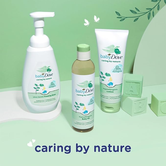 Dove Baby Oil & Baby Lotion, Caring by Nature – Hypoallergenic Oil & Lotion, Nourishing Moringa Oil & Vitamin E Oil for Skin, Fragrance Free, 8 Oz Ea (2 Piece Set)