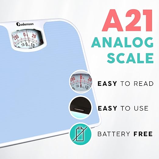 Adamson A21 Analog Scales for Body Weight - Up to 300 LB - New - Anti-Skid Rubber Surface + Large Numbers - Analog Bathroom Scale - Affordable - Durable with 20-Year Assurance - Light Blue