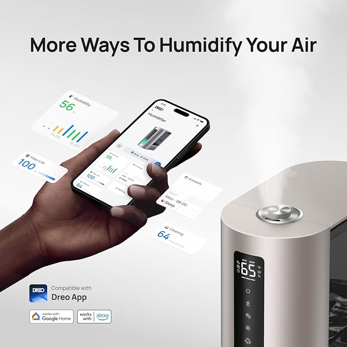 Dreo 6L Humidifiers for Bedroom, Smart Warm & Cool Mist for Large Room, 60Hr Quiet Runtime for Baby, Plant, Humidity Sensor, Indicator Light, 12H Timer, Google/Alexa, Gold