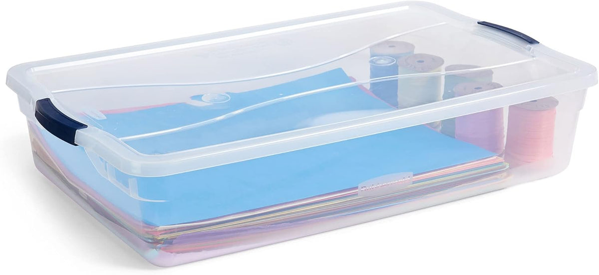Rubbermaid Cleverstore 42 Quart Stackable Plastic Storage Bin with Lids for Garage, Closet, and Classroom, Clear, 4 Pack