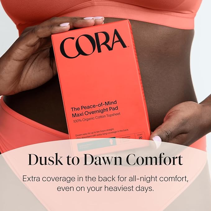 Cora 100% Organic Cotton Topsheet Maxi Pads | Maxi Period Pads with Wings | Maxi Overnight Absorbency | Unscented, Comfortable, Powerfully Absorbent, Leak Protection (48 Count)