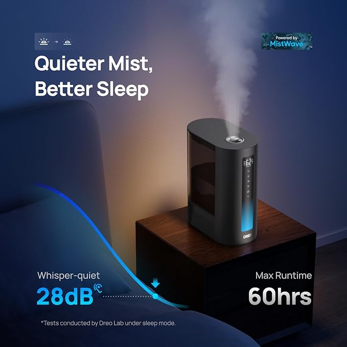 Dreo 6L Humidifiers for Bedroom, Smart Warm & Cool Mist for Large Room, 60Hr Quiet Runtime for Baby, Plant, Humidity Sensor, Indicator Light, 12H Timer, Google/Alexa, Black
