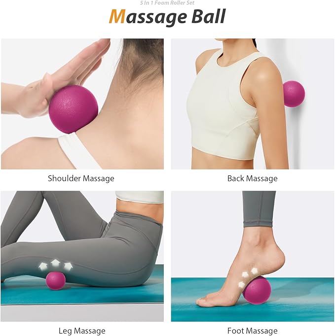 5 in1 Foam Roller Set, Trigger Point Foam Roller, Massage Roller Stick, Massage Ball, Resistance Band for Deep Muscle Massage Pilates Yoga,Fitness Exercise for Whole Body (Pink-Black)