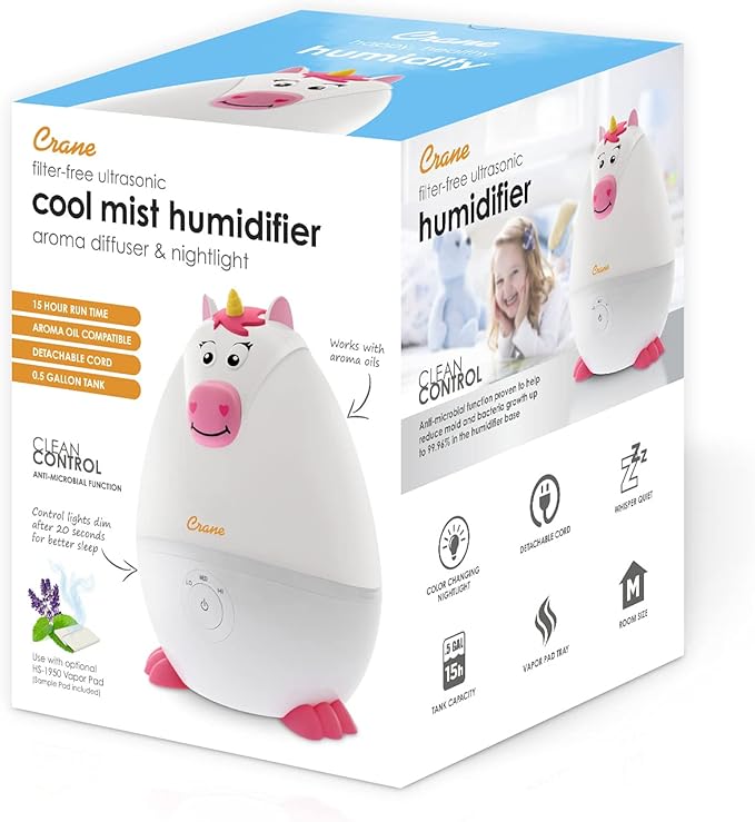 Crane Adorables Ultrasonic Mini Humidifiers for Bedroom and Baby Nursery, Half Gallon Cool Mist Air Humidifier for Large Room or Kid's Room, Humidifier Filters Optional, Unicorn