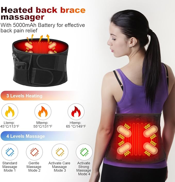 Cordless Heating Pad Back Massager Brace for Lower Back Pain Relief, Heated Back Brace Vibration Wrap with Rechargeable Battery, Warmer Lumbar Support Belt with Massage for Cramps (XL)