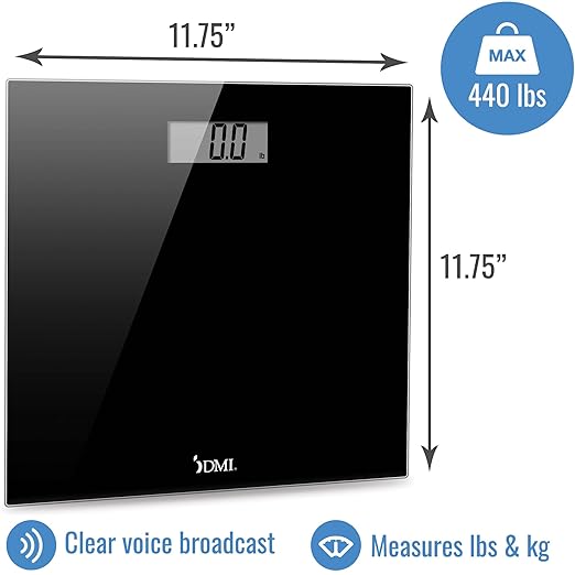 DMI Talking Digital Bathroom Scale for Body Weight, 440 lb. Weight Capacity, Clinically Accurate Measurements, Heavy Duty Sleek Tempered Glass Body Weight Scale, Black, Case of 6