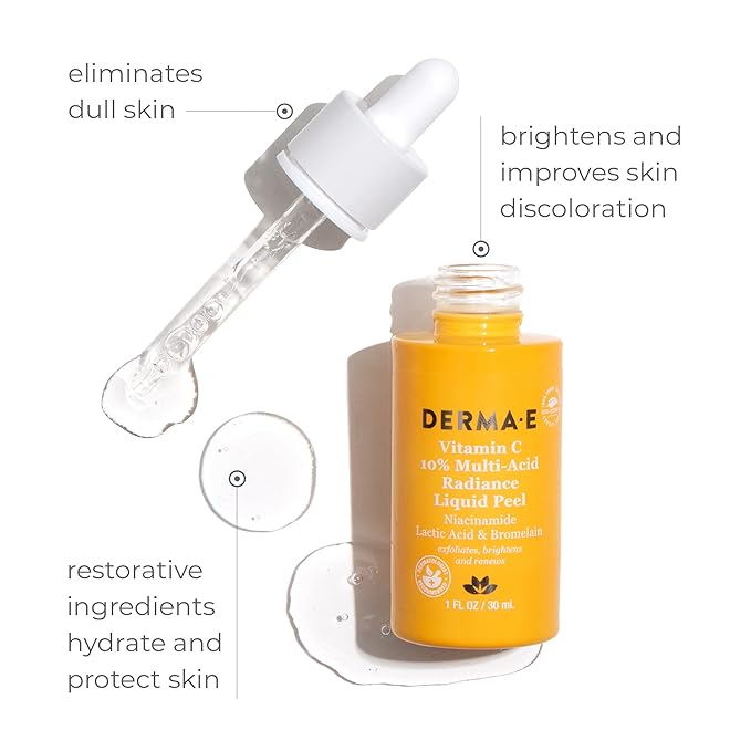DERMA E Vitamin C Serum 10% Multi-Acid Radiance Liquid Peel – Exfoliating and Brightening Skin with Niacinamide Serum, Lactic Acid and Bromelain for Uneven Tone and Discoloration, 1 Fl Oz