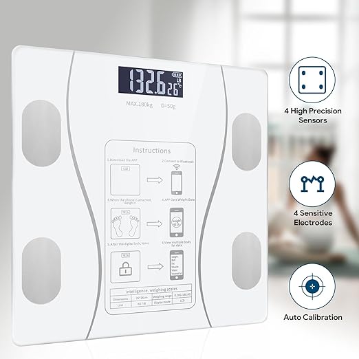 Digital Simple and Practical Body Fat Scale with Smartphone App, Bathroom Scale with Led Display - White