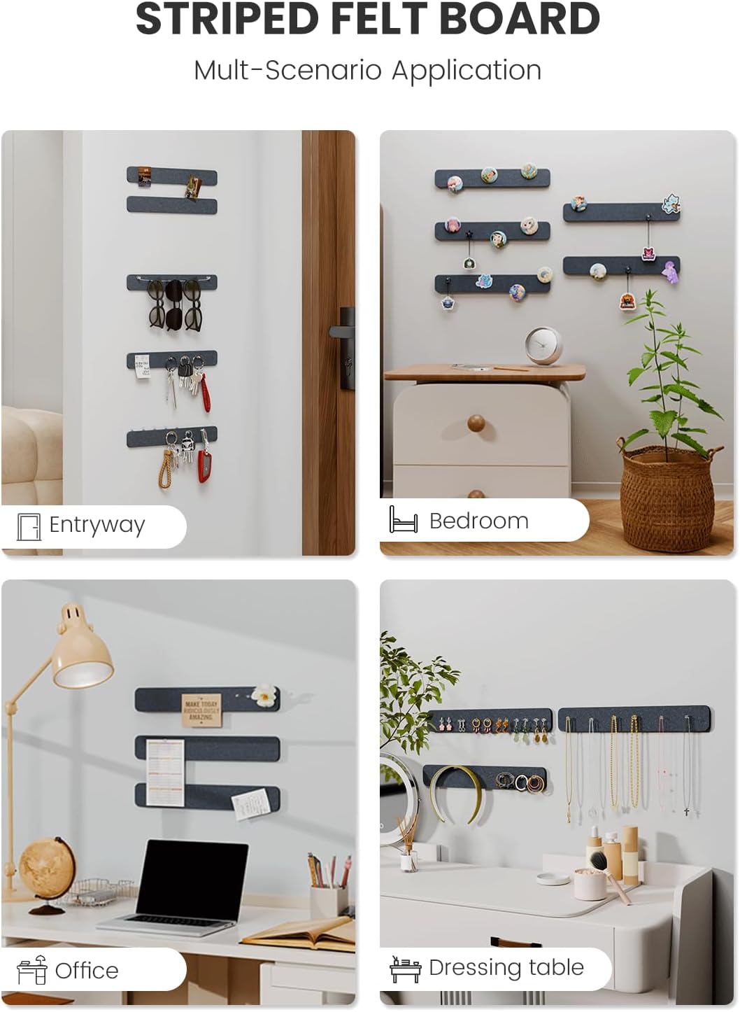 Cork Board Alternative Felt Strip Board 5-Pack 13"x2", Office Pin Board with 35 Push Pins, Adhesive Install for Bedroom Door & Home Office(Deep Charcoal Blue)