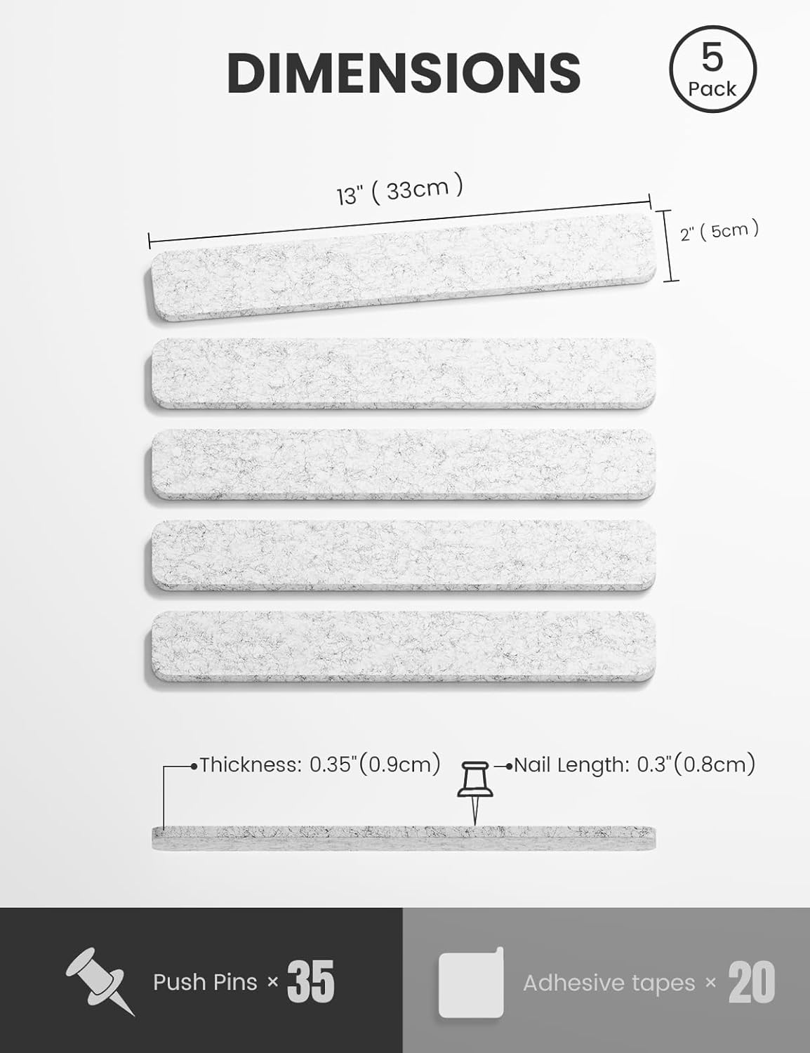 Cork Board Alternative Felt Strip Board 5-Pack 13"x2", Office Pin Board with 35 Push Pins, Adhesive Install for Bedroom Door & Home Office(Marble Gray)