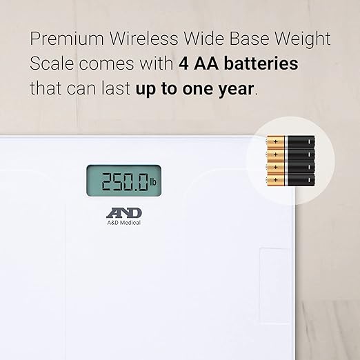 A&D Medical Digital Body Weight Scale, UC-356BLE Bluetooth Bathroom Weight Machine, UltraWide Platform and Large Display, Syncs with A&D App,550lb (249kg), Batteries Included, FSA/HSA Eligible, White