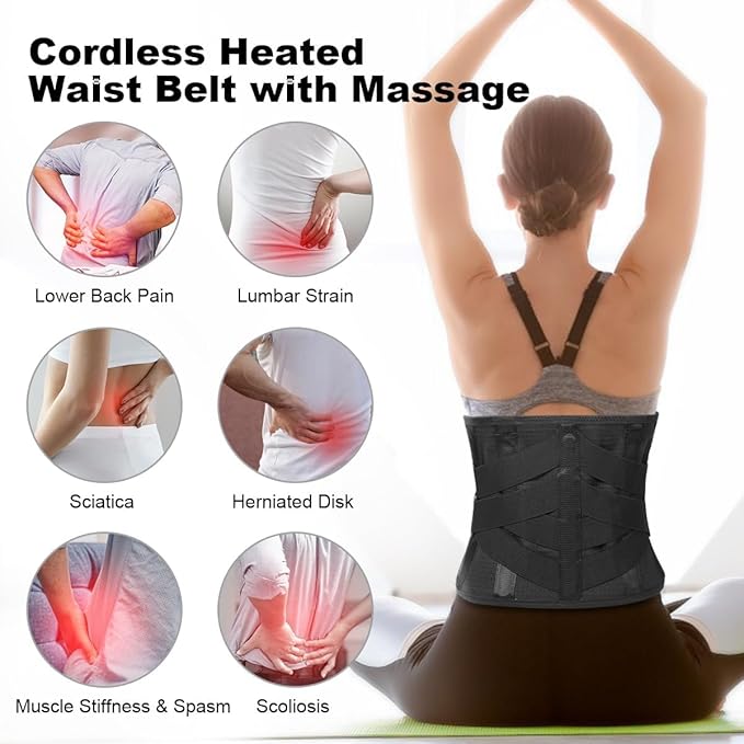 Cordless Heating Pad Back Massager Brace for Lower Back Pain Relief, Heated Back Brace Vibration Wrap with Rechargeable Battery, Warmer Lumbar Support Belt with Massage for Cramps (XL)