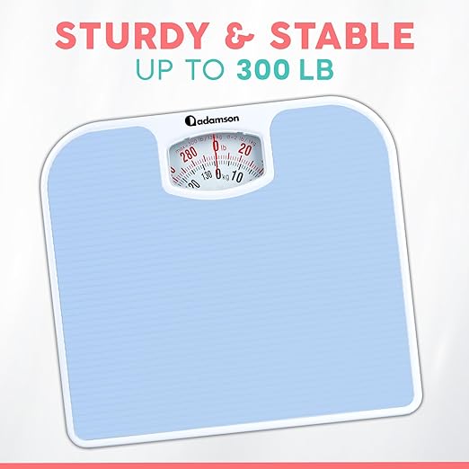 Adamson A21 Analog Scales for Body Weight - Up to 300 LB - New - Anti-Skid Rubber Surface + Large Numbers - Analog Bathroom Scale - Affordable - Durable with 20-Year Assurance - Light Blue