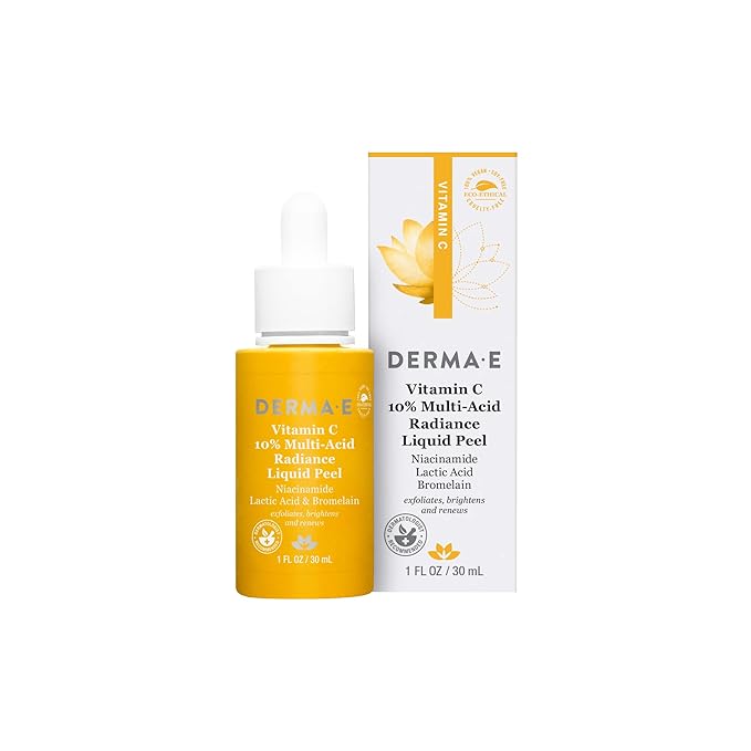 DERMA E Vitamin C Serum 10% Multi-Acid Radiance Liquid Peel – Exfoliating and Brightening Skin with Niacinamide Serum, Lactic Acid and Bromelain for Uneven Tone and Discoloration, 1 Fl Oz
