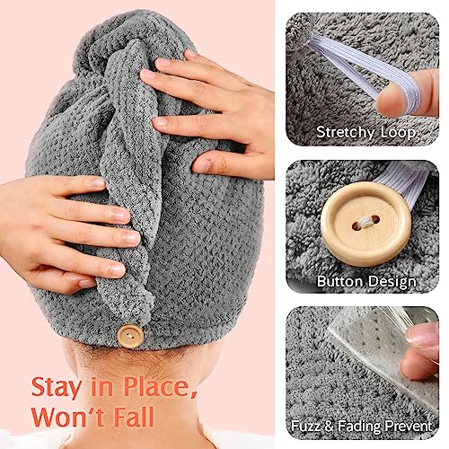 YFONG 2 Pack Large Microfiber Hair Towel Wrap, Super Absorbent Quick Dry Hair Turban for Drying Long Thick Curly Hair, Anti Frizz, Drying Towel with Button