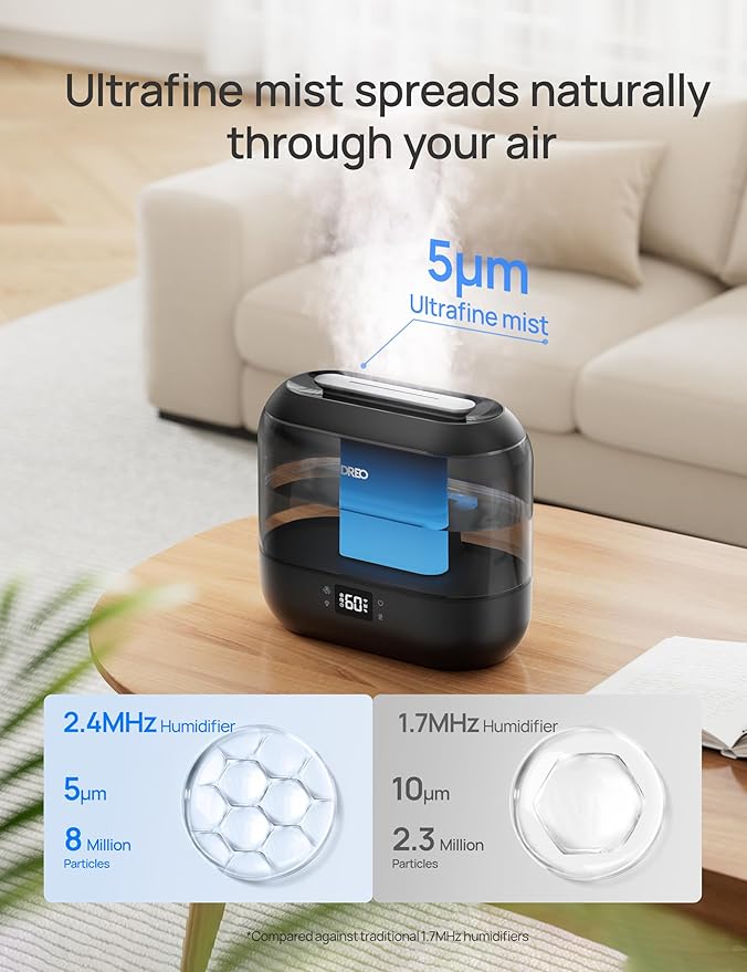 Dreo Smart Humidifiers for Bedroom, Top Fill 4L Supersized Cool Mist Humidifier with Nightlight, 32H Runtime, Touch/APP/Voice Control, 28 dB Quiet Ultrasonic Humidifiers for Large Room, Baby, Plants