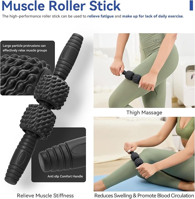 5 in 1 Foam Roller Set - Back Roller Foam, Muscle Roller Stick, Massage Ball, Resistance Band for Physical Therapy & Deep Tissue Muscle Massage (Black)