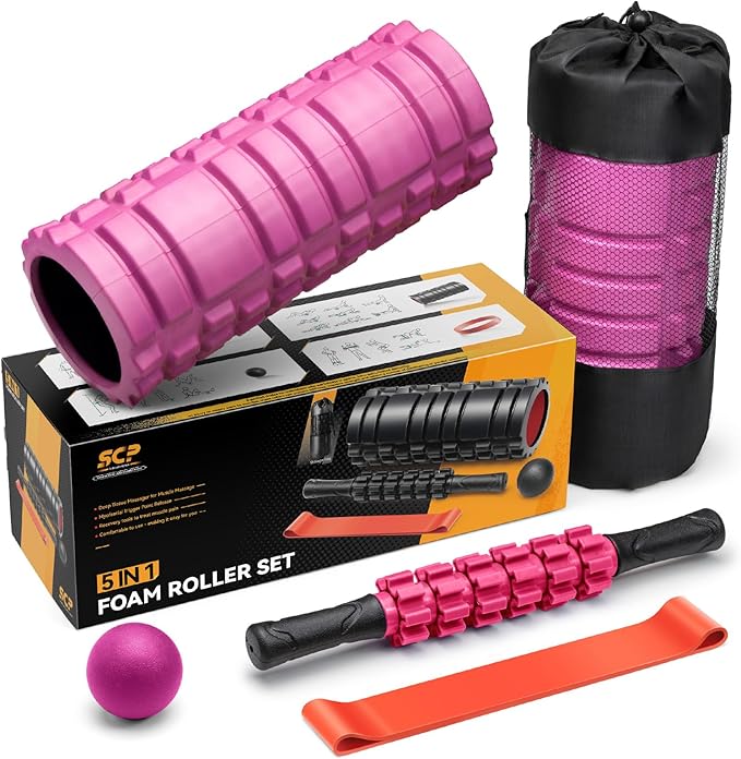 5 in1 Foam Roller Set, Trigger Point Foam Roller, Massage Roller Stick, Massage Ball, Resistance Band for Deep Muscle Massage Pilates Yoga,Fitness Exercise for Whole Body (Pink-Black)