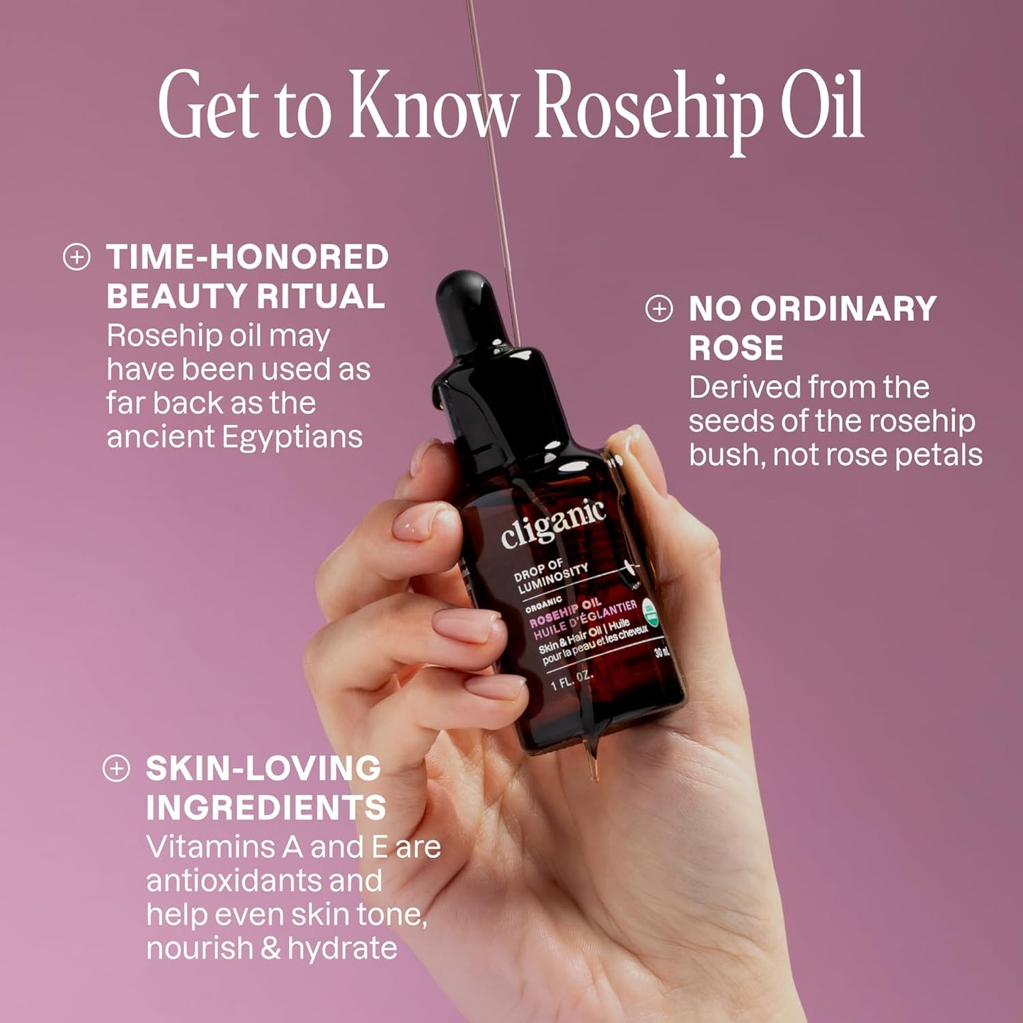Cliganic Organic Rosehip Seed Oil for Face, 100% Pure | Natural Cold Pressed Unrefined Non-GMO | Carrier Oil for Skin, Hair & Nails (Packaging May Vary)