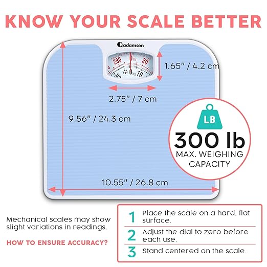 Adamson A21 Analog Scales for Body Weight - Up to 300 LB - New - Anti-Skid Rubber Surface + Large Numbers - Analog Bathroom Scale - Affordable - Durable with 20-Year Assurance - Light Blue